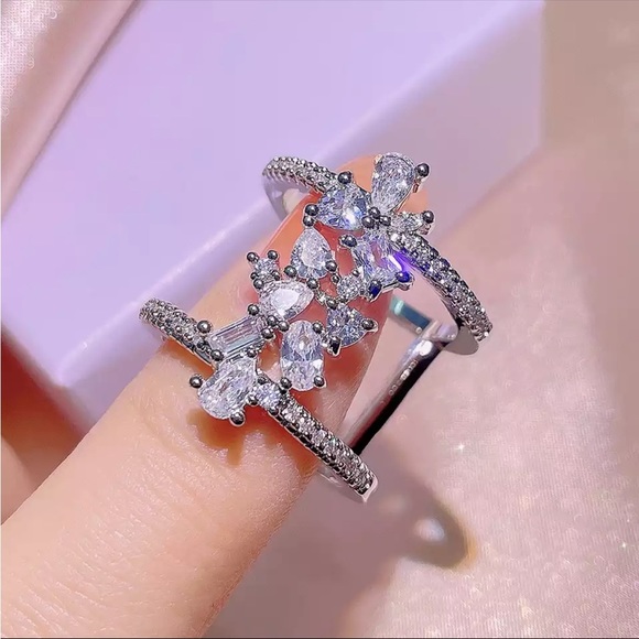 Jewelry - New 925 Silver Flower BlingBling Geometric Ladies Party Birthday Diamond Ring
